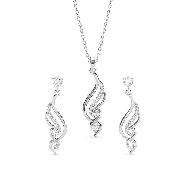 Clara 925 Sterling Silver Swirl Pendant Earrings Chain Necklace Jewellery Set | Platinum Plated, Swiss Zirconia | Modern Gift for Women and Girls