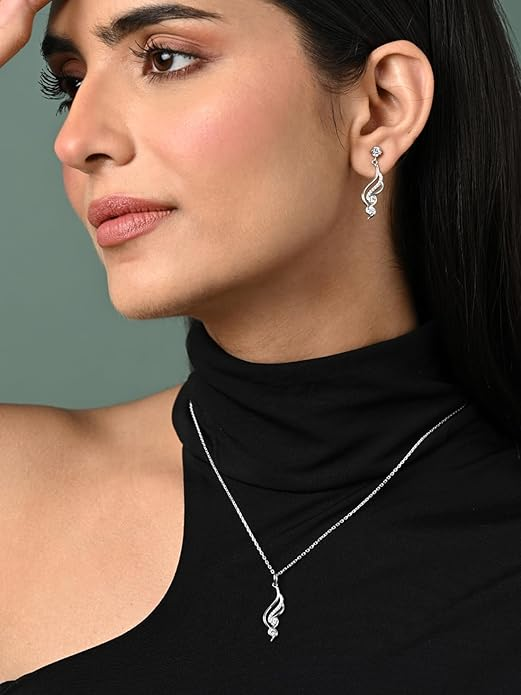Clara 925 Sterling Silver Swirl Pendant Earrings Chain Necklace Jewellery Set | Platinum Plated, Swiss Zirconia | Modern Gift for Women and Girls - Image 3