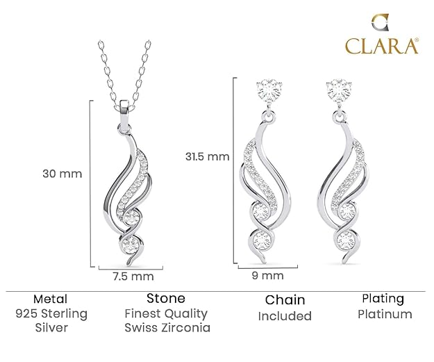 Clara 925 Sterling Silver Swirl Pendant Earrings Chain Necklace Jewellery Set | Platinum Plated, Swiss Zirconia | Modern Gift for Women and Girls - Image 5